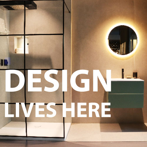 Moderne Badausstellung: Duschabtrennung mit schwarzem Sprossenrahmen, runder beleuchteter Spiegel und schwebender Waschtisch.