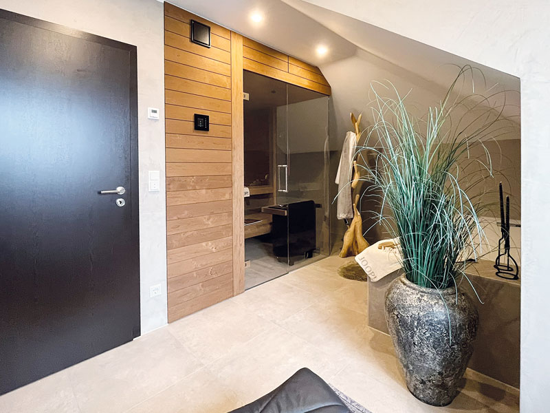 Großzügiger Wellnessbereich mit Sauna, Badewanne und dekorativen Pflanzen im modernen Designbad.