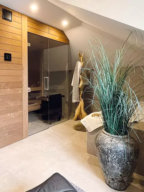 Großzügiger Wellnessbereich mit Sauna, Badewanne und dekorativen Pflanzen im modernen Designbad.